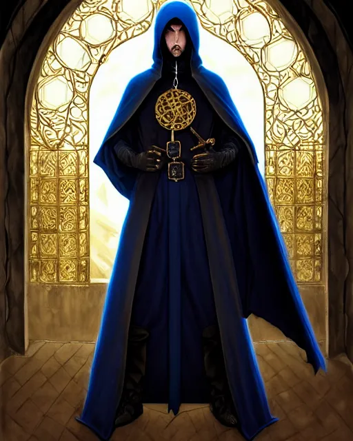 Image similar to handsome mage at the end of time, long black hair blue eyes wearing cloth mantle gothic navy cloak with gold details, castle town, fantasy character portrait, ultra realistic, intricate, elegant, cinematic lighting, highly detailed, digital painting, artstation, smooth, sharp, focus, illustration, art by artgerm and greg rutkowski and alphonse mucha