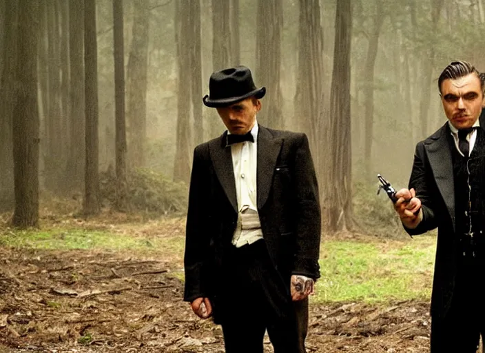 Image similar to an action scene from the movie scarface, medium long shot, costumes from peaky blinders, filmed in the dark woods, a cabin in the background, leonardo dicaprio and daniel day - lewis, sharp eyes, serious expressions, detailed and symmetric faces, black and white, cinematic, epic,