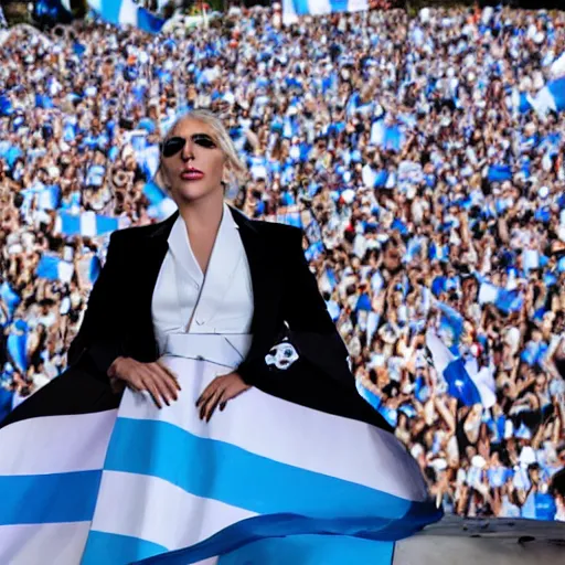 Image similar to Lady Gaga as president, Argentina presidential rally, Argentine flags behind, bokeh, giving a speech, detailed face, Argentina