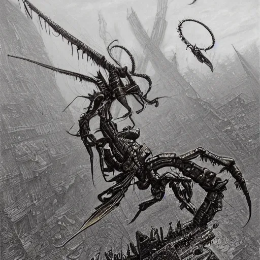 Image similar to a beautiful hyperrealistic ultradetailed matte painting of a dieselpunk war scorpion, by James Stokoe and harry clarke and Zdzisław Beksiński and Jakub Rozalski and HR Giger, war theatre, dark, realistic, smog, black smoke, oil, machine parts, dystopian, insane details, peter mohrbacher, intricate, mecha, embers, trending on artstation, volumetric lighting, smog, micro details, HD wallpaper, 8k