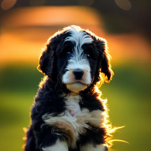 Image similar to a bernedoodle puppy at golden hour, bokeh, illustration