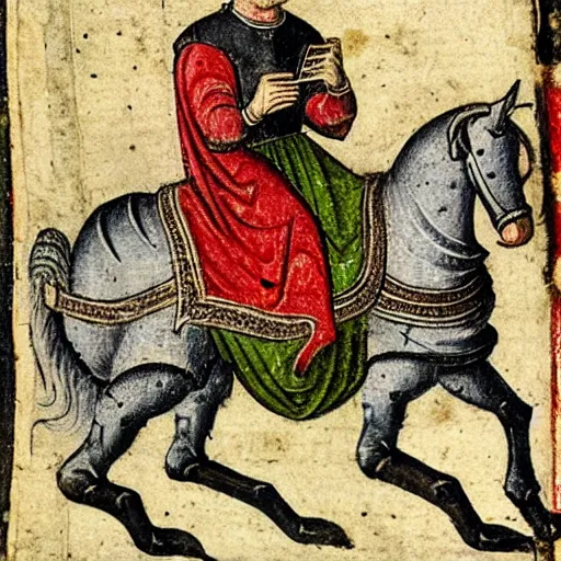 Image similar to a 1 5 th century medieval manuscript illustration of a knight on his phone, high quality scan, university of oxford