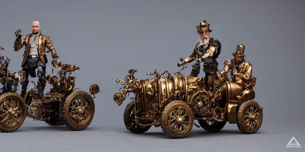 Image similar to several 3d printed action figures of steampunk vehicles, Darek Zabrocki, Karlkka, Jayison Devadas, Phuoc Quan, trending on Artstation, 8K, ultra wide angle, pincushion lens effect