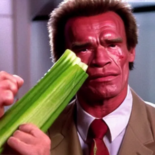 Prompt: a stick of celery with a face hunts arnold schwarzenegger in the film predator