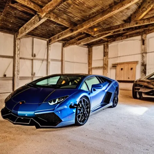 Image similar to lamborghini in a barn, rustic, vintage, aesthetic