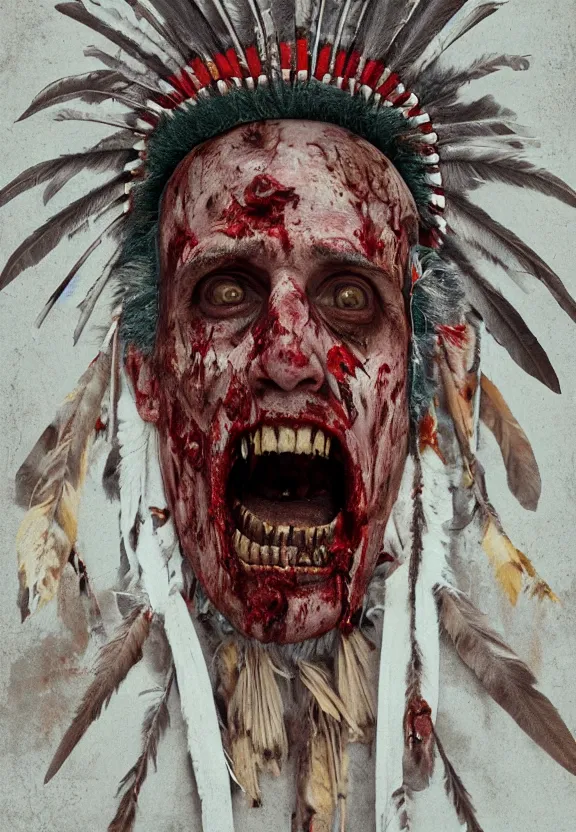 Image similar to close up portrait of zombie Pope Francis wearing a Native American Indian Feathered Headdress War Bonnet, dead redemption, by James Gilleard and Beeple