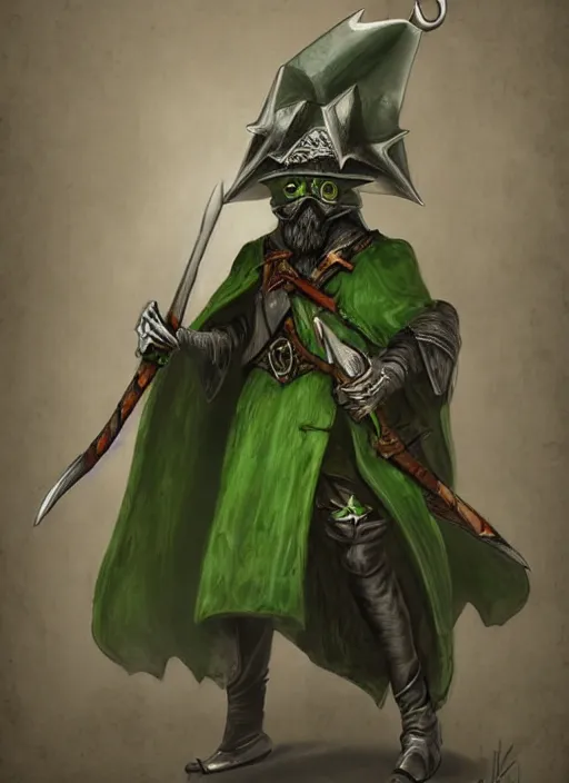 Image similar to ratfolk with a gray beard, tricorne hat, green cape, digital art, fantasy, d & d, warhammer, realistic, detailed