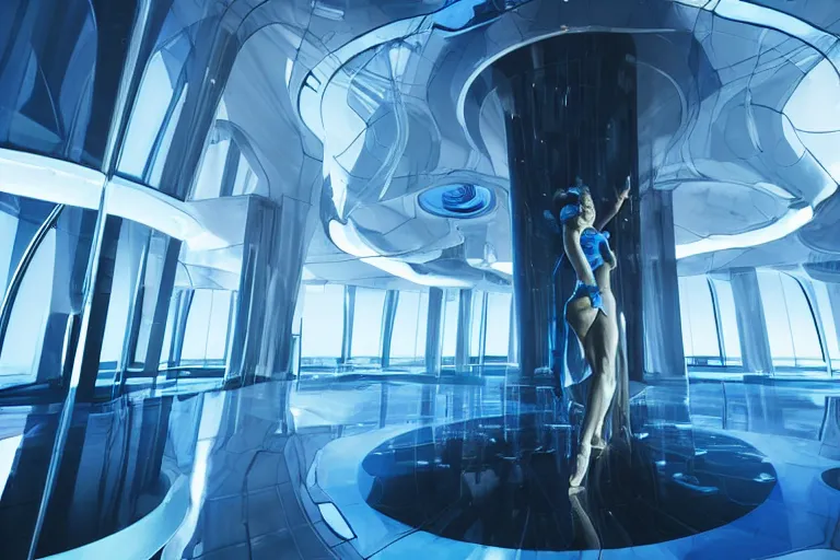 Prompt: vfx movie scene closeup portrait of beautiful blue skin skimpy alien woman dancing in sleek futuristic decadent spaceship pillars, futuristic ballroom. giant windows view of earth obit. by emmanuel lubezki