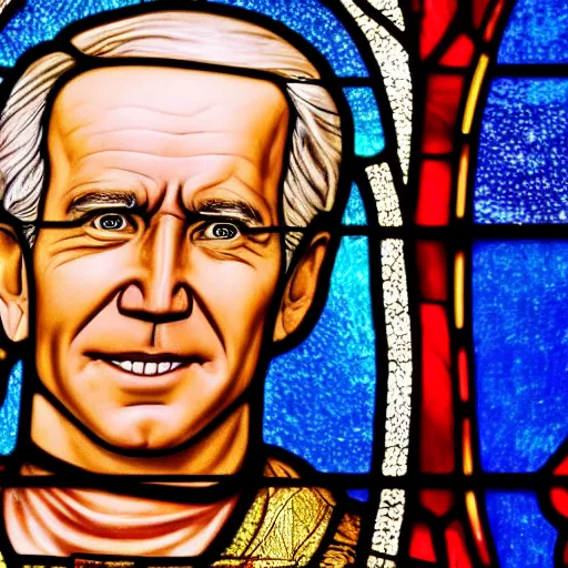 Prompt: a stained glass window in a church showing joe biden as a god, 4 k, highly detailed