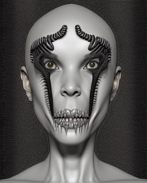 Prompt: a black and white 3D render of a young beautiful female queen-dragon-cyborg bust with a very long neck and Mandelbrot fractal face, Mandelbrot fractal skin, flesh, anatomical, facial muscles, veins, arteries, elegant, highly detailed, flesh highly ornated, hair are cable wires, elegant, high fashion, rim light, octane render, in the style of H.R. Giger, Realistic, Refined, Digital Art, Highly Detailed, Cinematic Lighting, rim light, black and white, photo-realistic, 8K