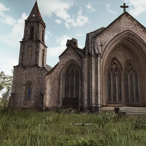 Prompt: abandoned european church, realistic, highly detailed, hd, unreal engine, guillermo del toro