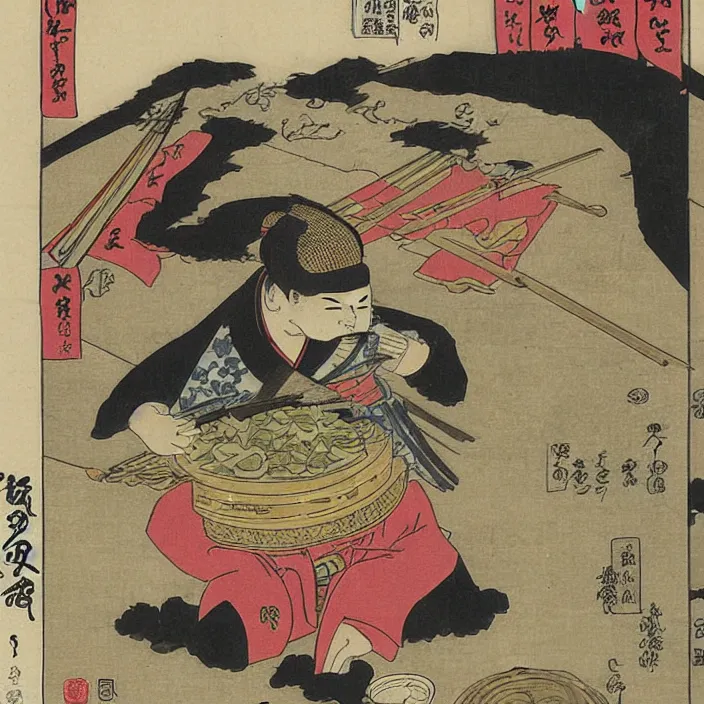 Prompt: comic book artwork of a shiba inu samurai eating a bowl of rice by Utagawa Kuniyoshi