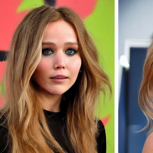 Image similar to a woman who is a genetic combination of jennifer lawrence and elizabeth olsen face and upper - body focus