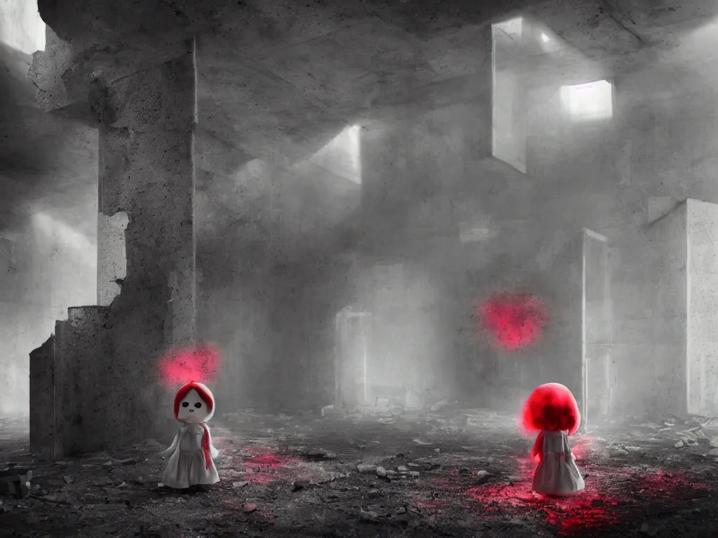 Image similar to cute fumo plush girl ghost lingering in a mysterious concrete wartorn brutalist ruin infected by strands of red parasitic fungus, chibi gothic maiden in tattered rags, dramatic three point lighting, glowing wisps of hazy red smoke and eerie volumetric fog swirling about, vray