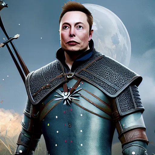 Image similar to Elon Musk in The Witcher 3, highly detailed, high quality, HD, 4k, 8k, Canon 300mm, professional photographer, 40mp, lifelike, top-rated, award winning, realistic, sharp, no blur, edited, corrected, trending