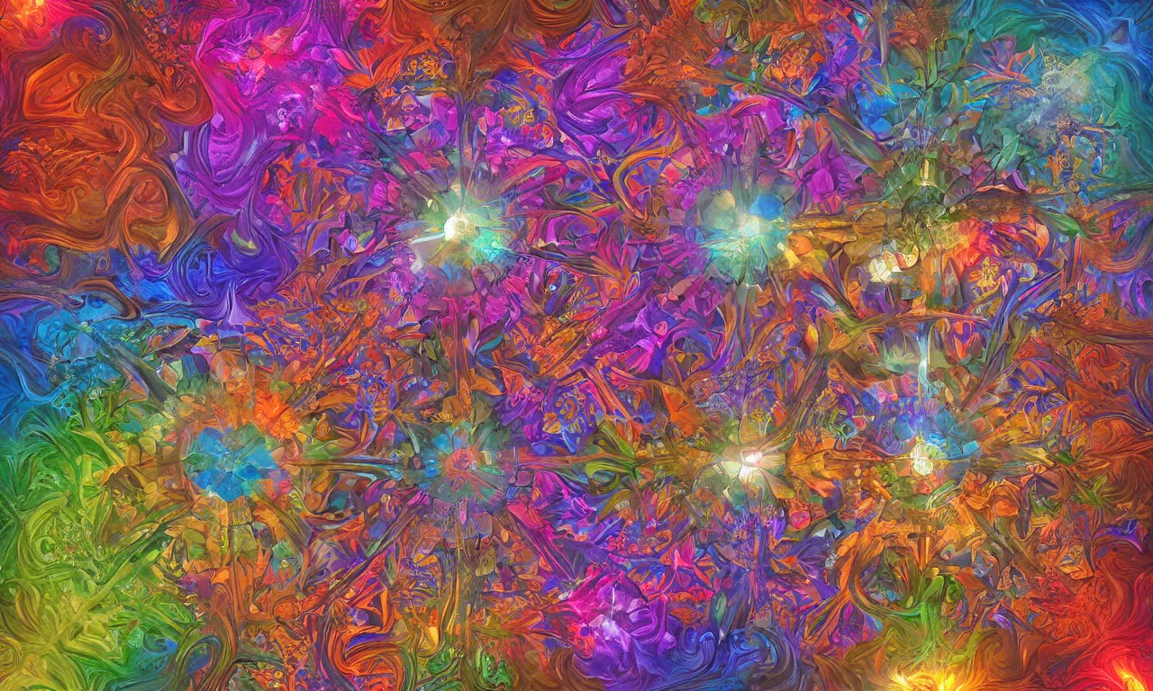 Image similar to voronoi engine laboratory 3 d volume kaleidoscope mandala fractal chakra digital multicolor stylized concept substance by artgerm, rossdraws, norman rockwell, magali villeneuve, gil elvgren, alberto vargas, earl moran, enoch bolles radiating a glowing aura global illumination ray tracing hdr