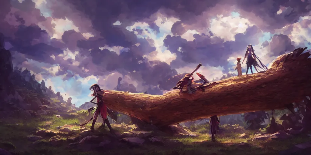 Image similar to isekai masterpiece by mandy jurgens, irina french, rachel walpole, and alyn spiller of an anime woman standing tree log looking up at giant crystals, high noon, cinematic, very warm colors, intense shadows, ominous clouds, anime illustration, anime screenshot composite background