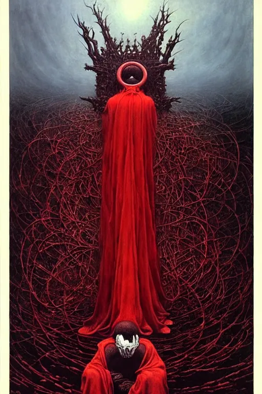 Prompt: a priest with no face, wearing red robes, ##sitting on a throne made of bones##, gothic horror, surrealism Amano, Karol Bak, Beksinski painting, part by Adrian Ghenie and Gerhard Richter, part by Takato Yamamoto. 8k masterpiece