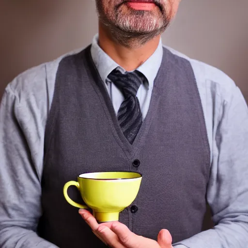 Image similar to full-body photograph of a man with a teacup for a head, hd, 4k