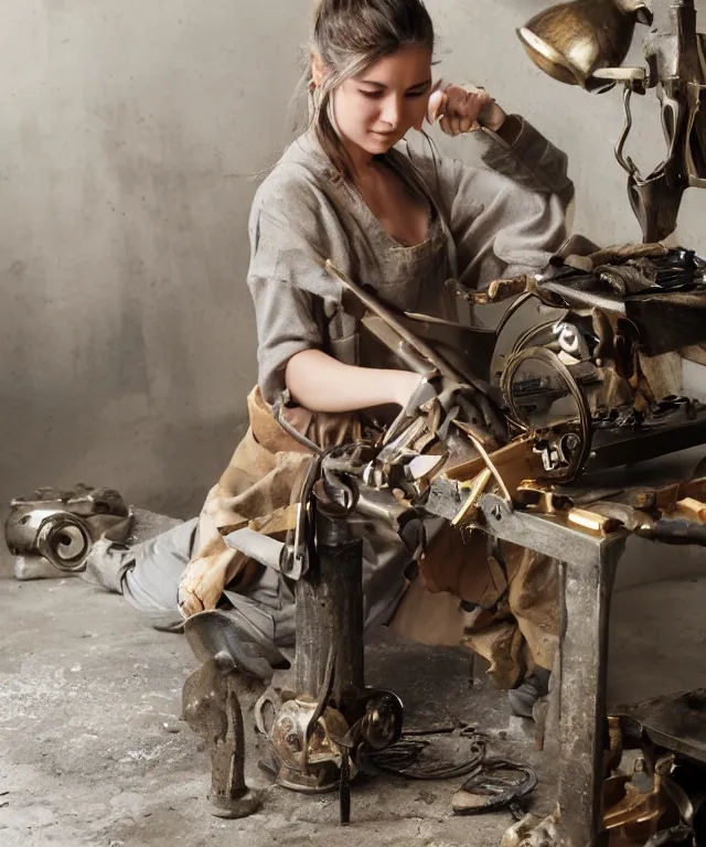 Image similar to A beautiful girl makes bronze gear on a workbench, 50mm photo, soft light, highly detailed, motion blur, trending on artstation