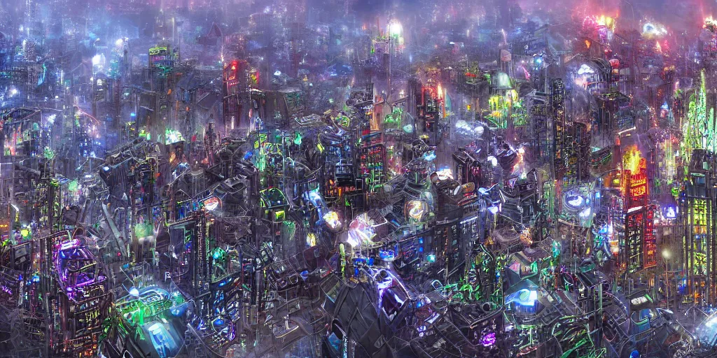 Prompt: City on planet Computer World, city inhabited by living computer programs, city made of giant electronic circuit components, fantasy landscape, concept art, matte painting