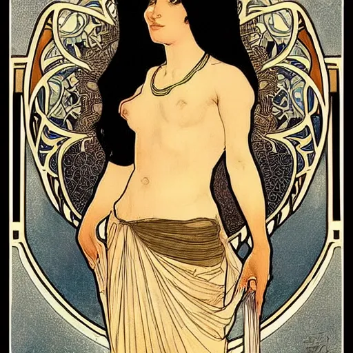 Image similar to beautiful, gorgeous art nouveau drawing of a black egyptian cat by alphonse mucha, impressive, wonderful, very detailed, perfect anatomy, symmetrical, trending on artstation, masterpiece