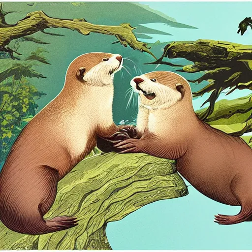 Image similar to otters playing with one another wide angle shot, white background, vector art, illustration by frank frazetta