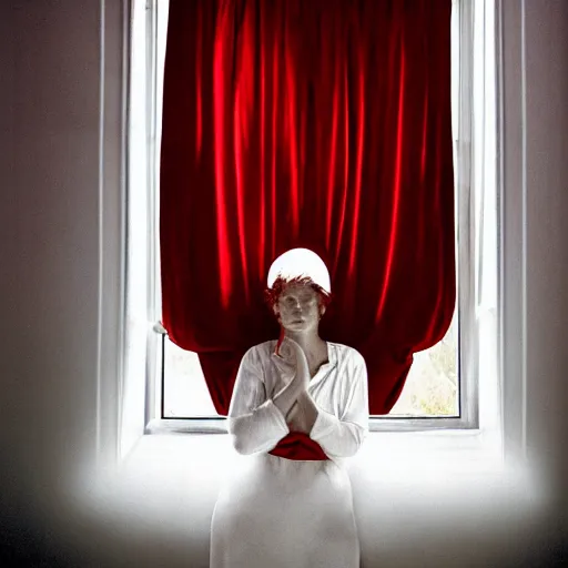 Image similar to woman wearing white and red looking outside the window in her bedroom at night, elegant, highly detailed, 8 k, photorealistic, photography, real picture, heavy grain, studio lighting, hdr, photographed by steve mccurry, annie leibovitz, henri cartier - bresson, robert capa, andreas gursky