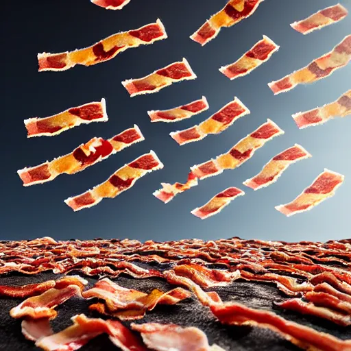 Image similar to strips of bacon falling out of the sky, ultra realistic, photorealistic, cinematic