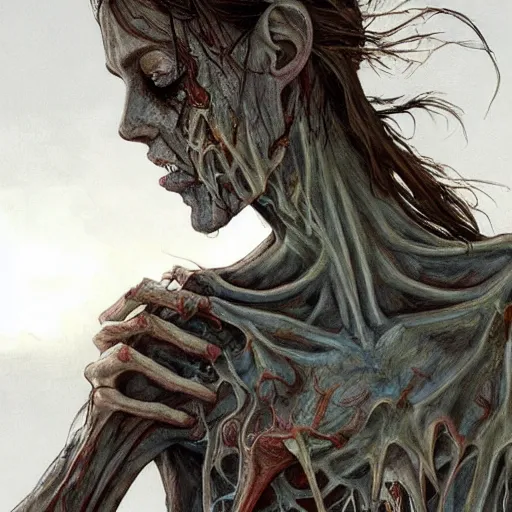 Prompt: clear portrait of a anorexic zombie, hideous appearance, ripped clothing, malnourished, cottagecore!!, background hyper detailed, character concept, full body, dynamic pose, intricate, elegant, highly detailed, digital painting, artstation, concept art, smooth, sharp focus, illustration, art by artgerm and greg rutkowski and alphonse mucha