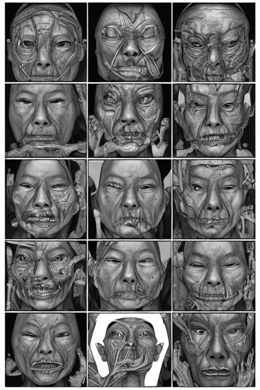 Prompt: asian facial anatomy with gunmetal grey skin, medical anatomy, very symmetrical face, highly detailed, three - perspective / three - view reference sheet ( front / back / side ), in the style of dan ouellette, steven jung, amanda lilleston, hr giger, sil from species, dren from splice, mecha, artstation, unreal engine