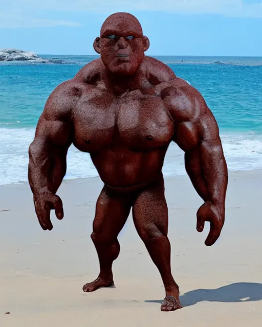 Prompt: a giant muscular cyclops on the beach