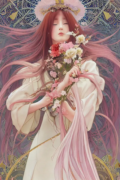 Prompt: breathtaking detailed soft painting of a samurai queen with long flowing red hair, anime style, pastel flower petals flying, in front of a pristine art nouveau cathedral on a wedding day, elegant, volumetric lighting, highly detailed, artstation, concept art, matte, sharp focus, art by ghibli, Alfons Mucha and Miho Hirano