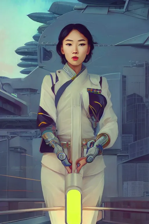 Image similar to portrait futuristic asian airforce girl, looking at the camera, expressive pose, symmetrical face, in future airport rooftop , sci-fi, fantasy, intricate, very very beautiful, elegant, human anatomy, neon light, highly detailed, digital painting, artstation, concept art, smooth, sharp focus, illustration, art by tian zi and WLOP and alphonse mucha