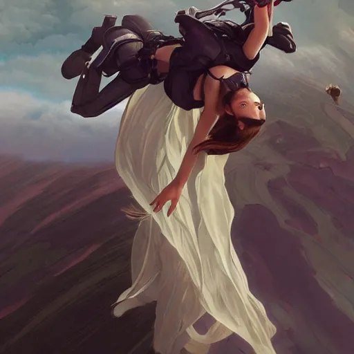 Prompt: beautiful cottagecore Ariana Grande skydiving, wind in the hair intricate, elegant, highly detailed, digital painting, artstation, concept art, smooth, sharp, focus, illustration, art by artgerm and greg rutkowski and alphonse mucha