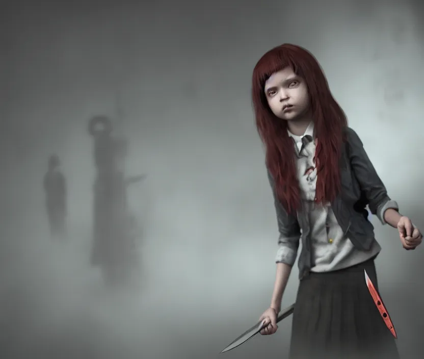 Image similar to school girl holding a knife, gloomy and foggy atmosphere, octane render, artstation trending, horror scene, highly detailded