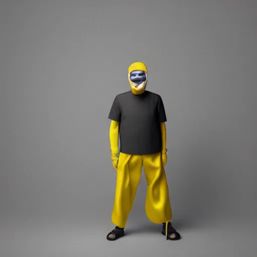 Image similar to photo studio with foggy background. fisherman in yellow balenciaga cloth, plastic bag and black mask. photorealistic high resolution, redshift render, 8 k