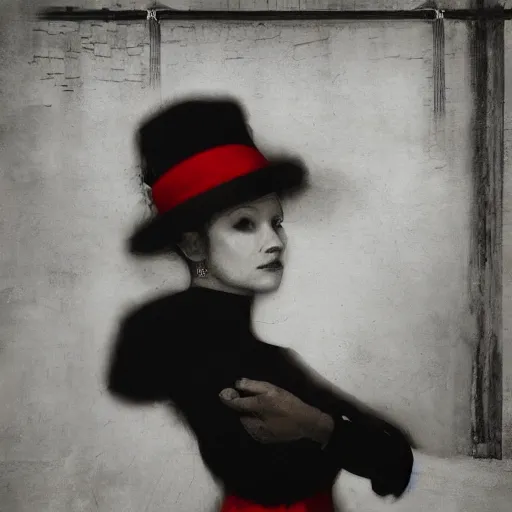 Image similar to half - length portrait of girl in a red hat and black dress, fine art portrait photography by sarah moon, volumetric lighting, very detailed, high resolution,