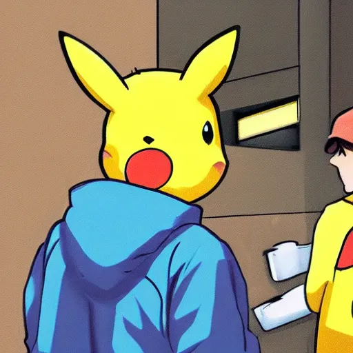 Image similar to A real life pikachu buying drugs from a random dude in a hoodie in an alley, photorealistic art