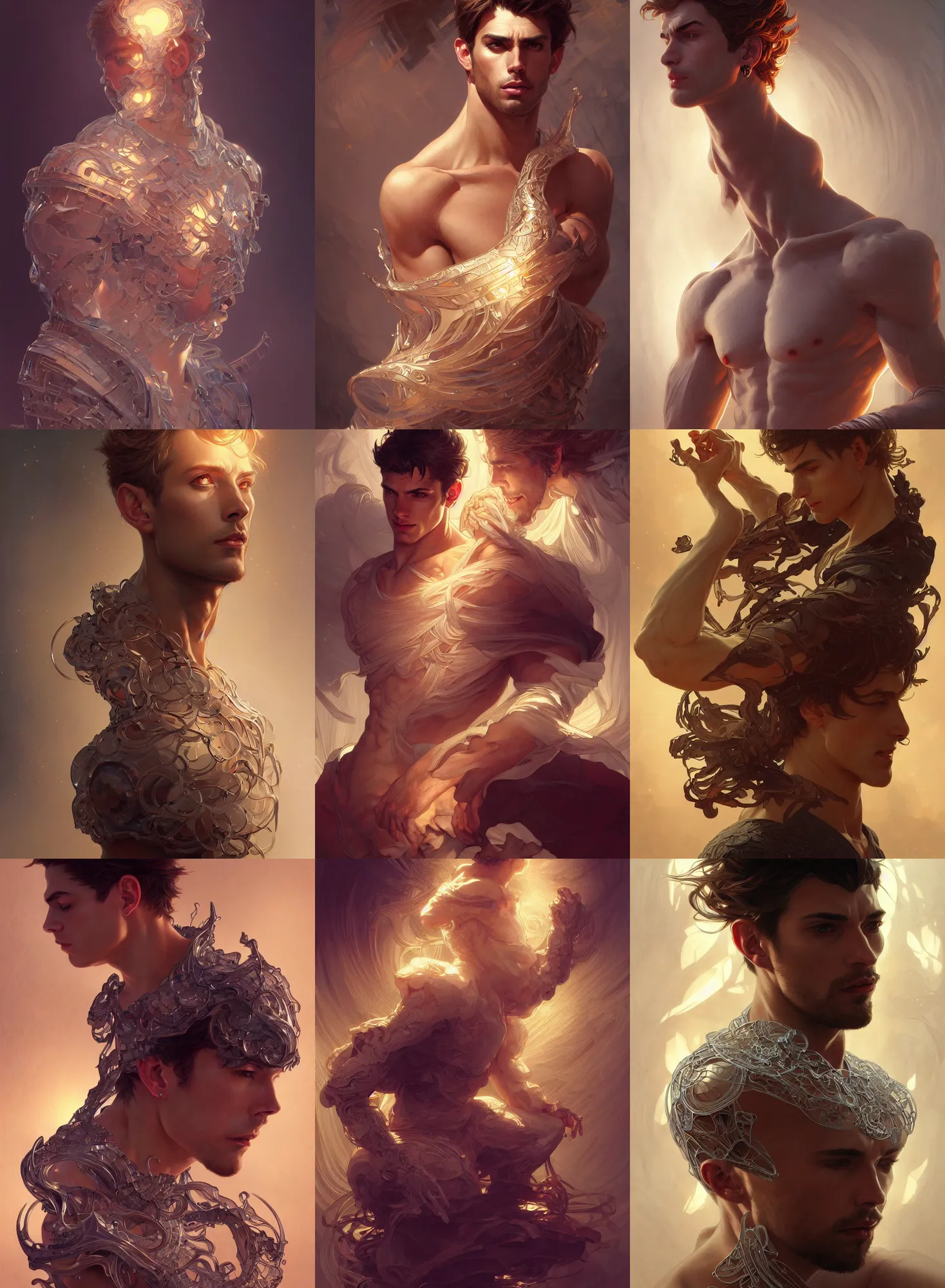 Image similar to clear portrait of a lonely attractive men, hyper detailed, character concept, full body, dynamic pose, glowing lights!! intricate, elegant, highly detailed, digital painting, artstation, concept art, smooth, sharp focus, illustration, art by artgerm and greg rutkowski and alphonse mucha