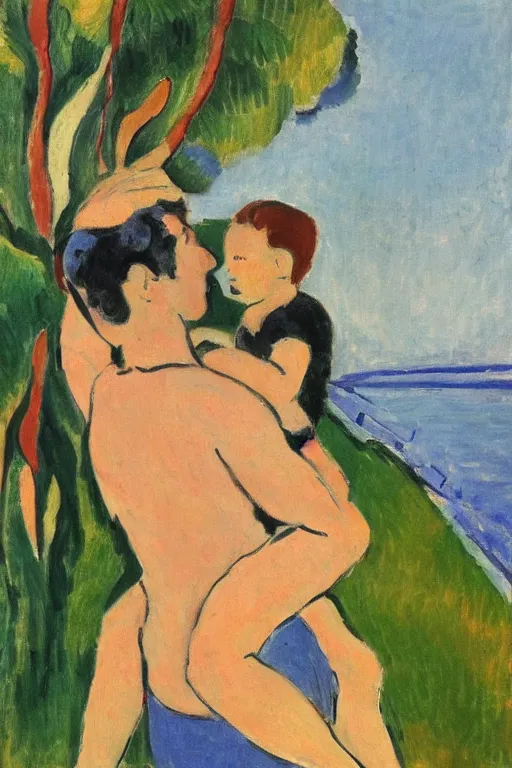 Image similar to a man holding his child over his shoulders walking near the beach, paiting by matisse, masterpiece