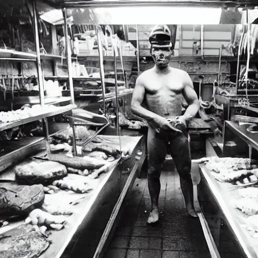 Image similar to big butcher man posing scarily, earie setting, in a butcher shop, horror, hyperdetailed