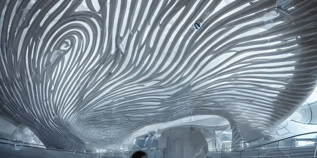 Prompt: extremely detailed awe stunning beautiful futuristic smooth curvilinear museum interior, translucent gills