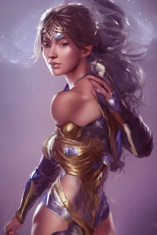 Prompt: three-quarters portrait pose of a beautiful woman, strong body,super heroine costume, human super powers, fantasy, intricate, elegant, highly detailed, digital painting, artstation, concept art,shining, sharp focus,D&D, illustration, art by Stanley Lau