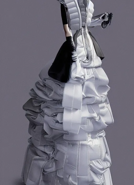 Prompt: an early 0 0's cyber digital portrait of a futuristic beautiful girl detailed features wearing a wedding dress with a puffy skirt utility - chic trend. lots of zippers, pockets, synthetic materials, jumpsuits. by balenciaga and issey miyake by ichiro tanida and armin vit