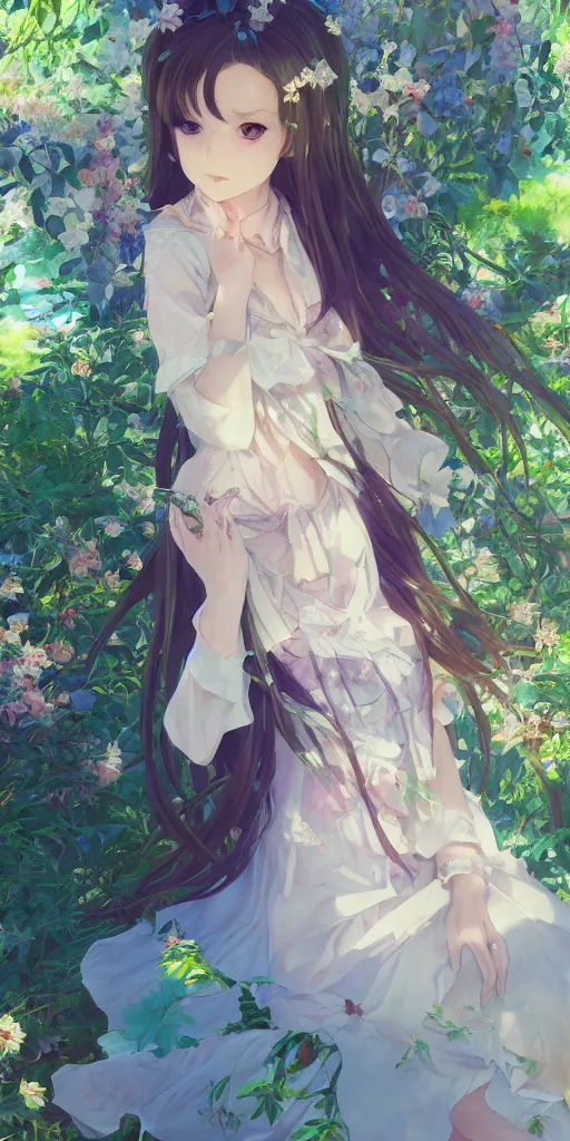 Image similar to a digital art of a loli with long hair in a dress, privet garden, after noon, green and blue and warm theme, back lighting, highly detailed, 4 k resolution, trending on art station, elegant, depressed, melancholic, by krenz cushart and mucha and akihito yoshida and greg rutkowski and makoto shinkai