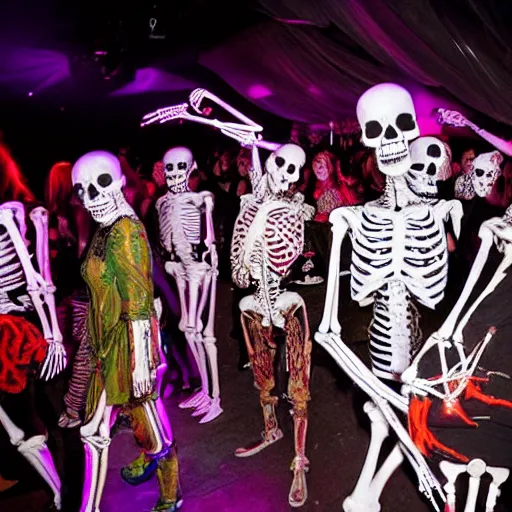 Image similar to photo, a giant crowd of realistic anatomically correct skeletons, dancing sensually with a multi-ethnic group of beautiful human women wearing intricate beatiful colorful rococo gowns, inside a hellish nightclub lit by candles and blue lasers