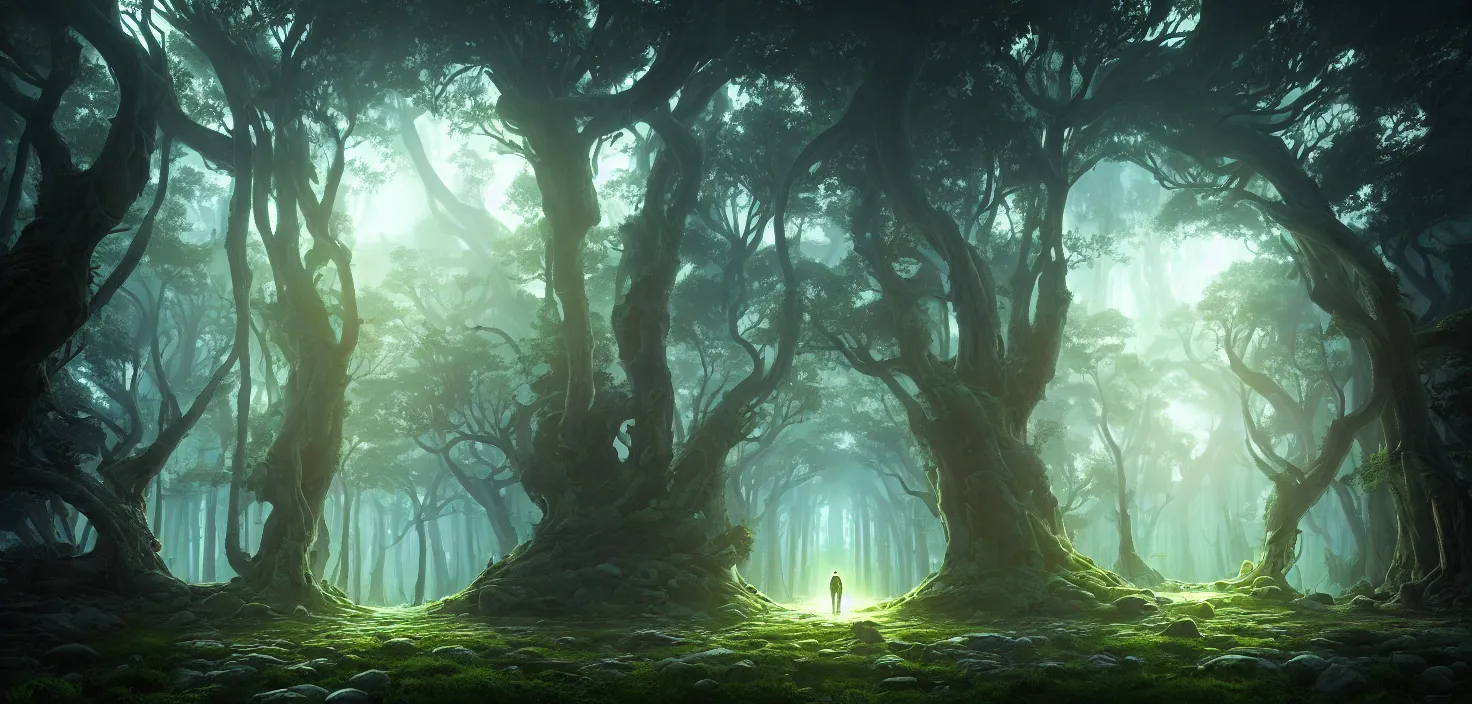 Image similar to random mystic forest huge house landscape, big glowing magic giant portal, huge central symmetrical composition, incredible, vector art, octane render, fabulous, hyper detailed, random cinematic view, no noise, global illumination, warm lighting, volumetric, godrays, vivid, beautiful, by jordan grimmer