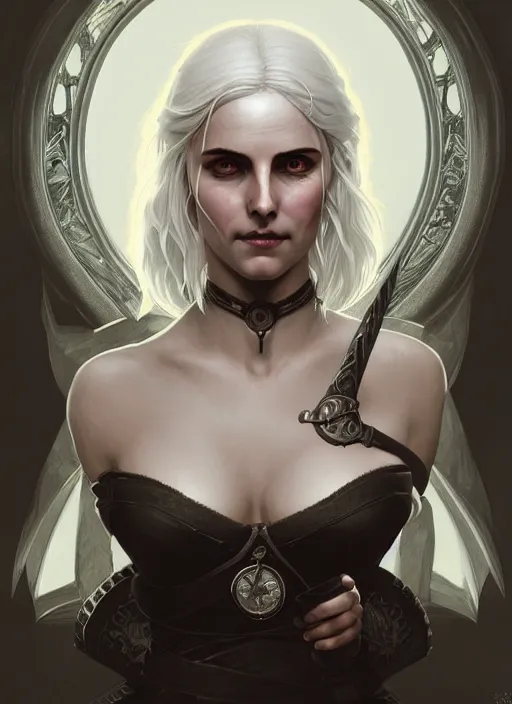 Image similar to symmetry!! portrait of ciri from the witcher, gothic, dark, intricate, elegant, highly detailed, digital painting, artstation, concept art, smooth, sharp focus, illustration, art by artgerm and greg rutkowski and alphonse mucha