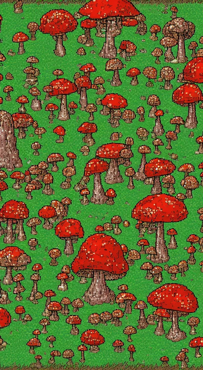 Prompt: a fantasy world with big mushrooms in pixelart style